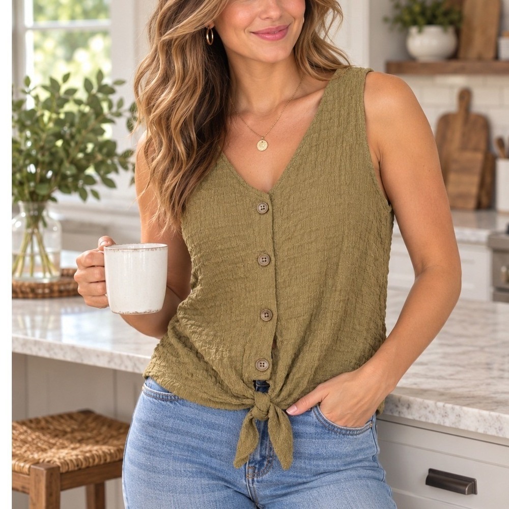 Sanctuary Top Womens Medium Olive Green Excellent Button Front Tie Hem Textured